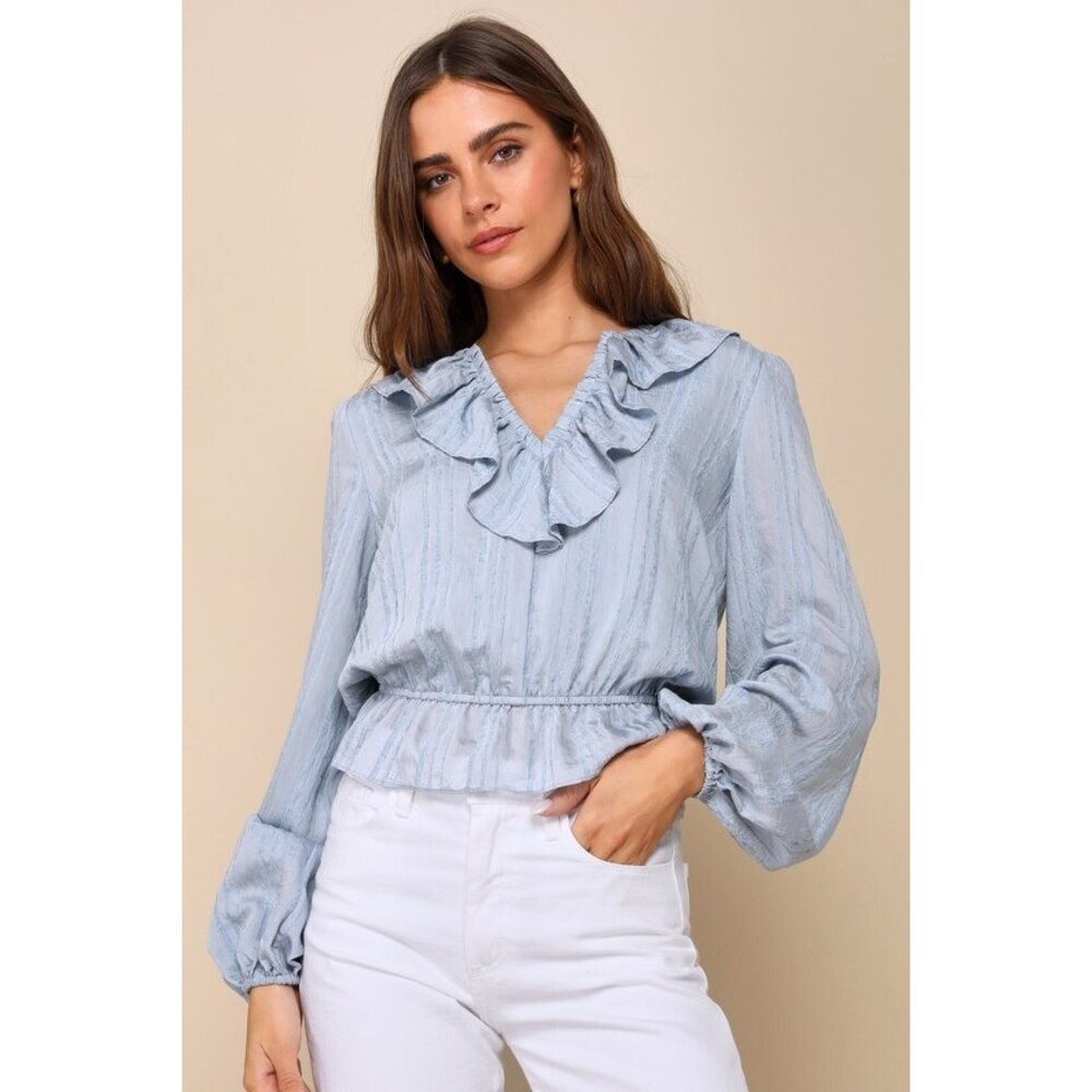 Lulus Perfect Perspective Blue Velvet Striped Ruffled Long Sleeve Top - Size S